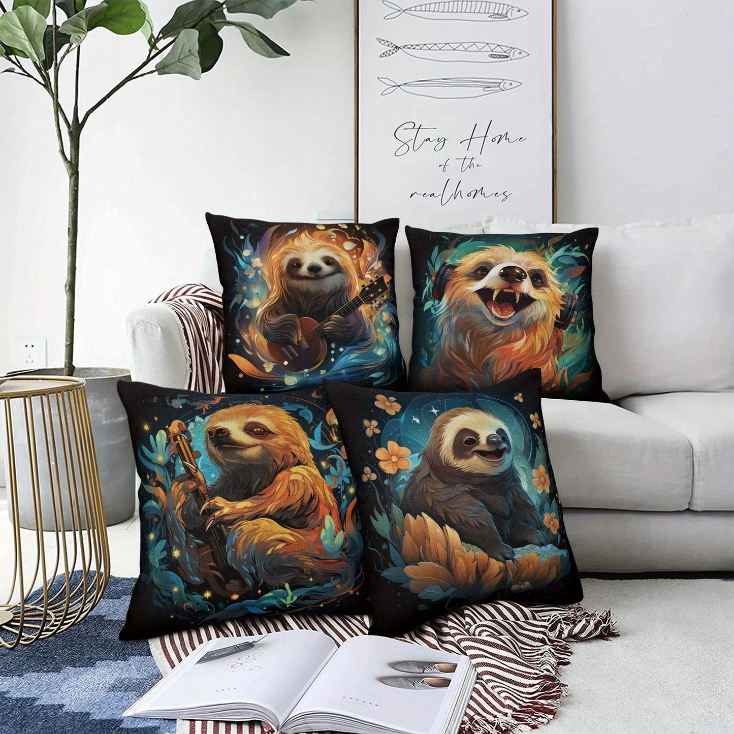 4 Piece Modern Sloth Cushion Covers