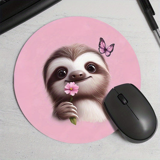 Sloth Flower & Butterfly Round Mouse Pad