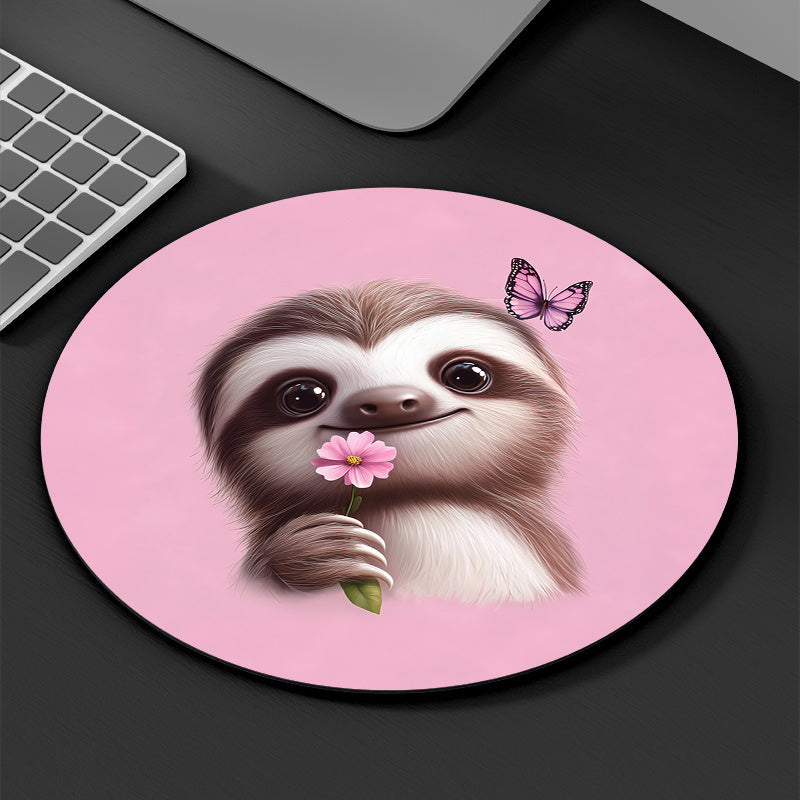 Sloth Flower & Butterfly Round Mouse Pad