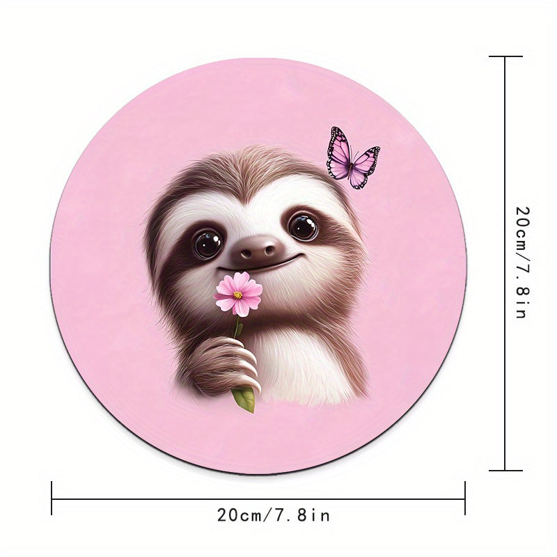 Sloth Flower & Butterfly Round Mouse Pad