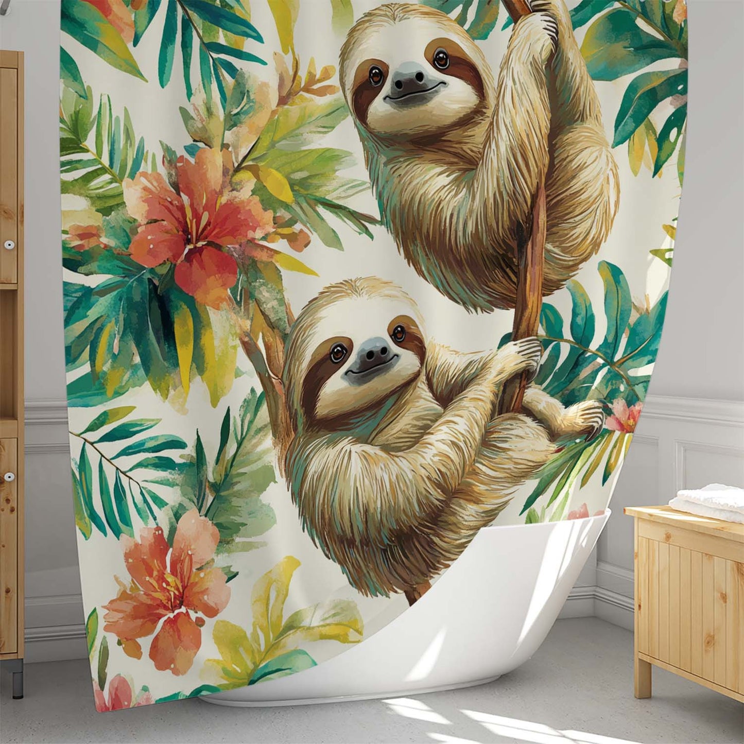 Tropical Sloth Floral Shower Curtain