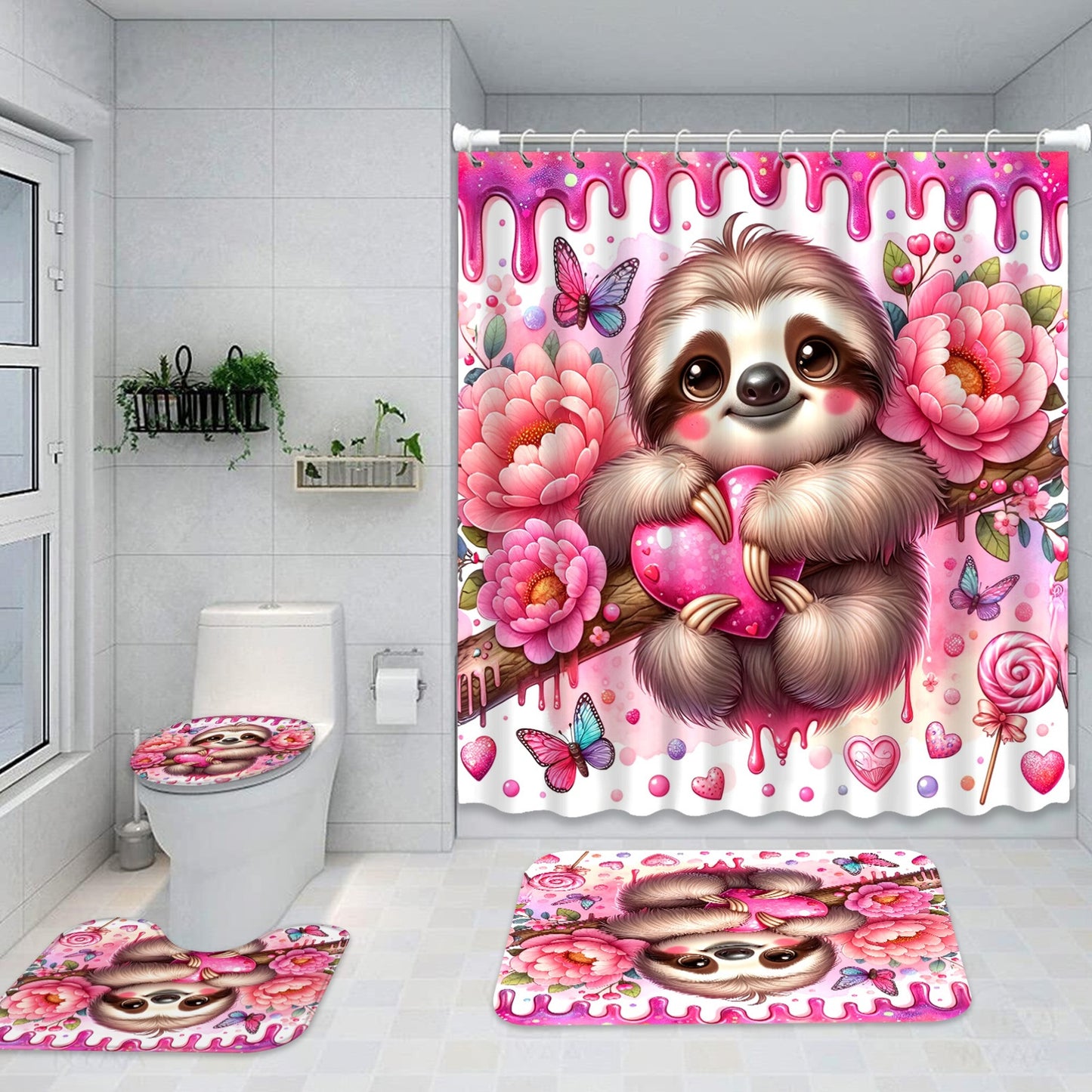 Pink Love Theme Sloth Shower Curtain and Bathroom Set