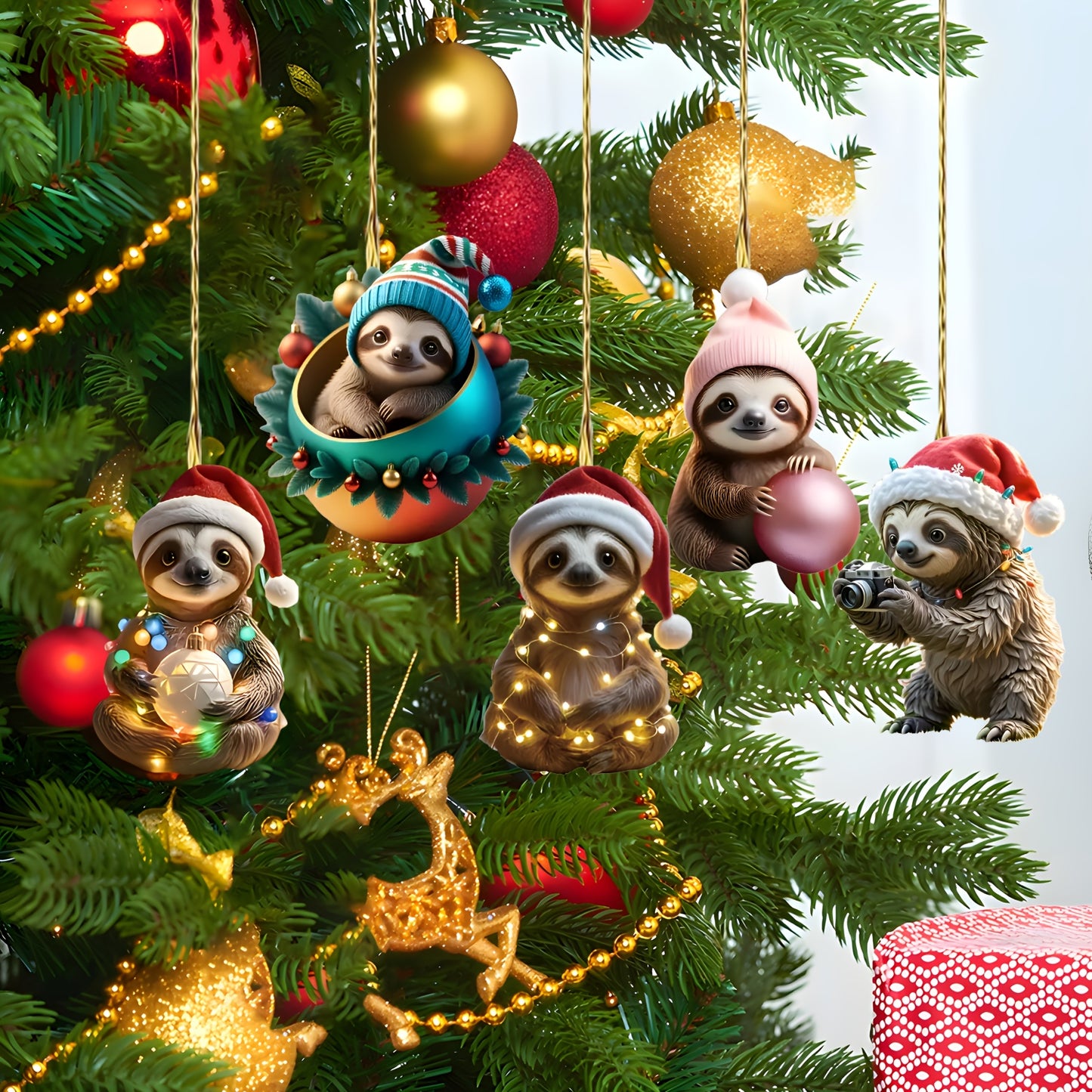 5 piece Set Sloth Themed Christmas Ornaments