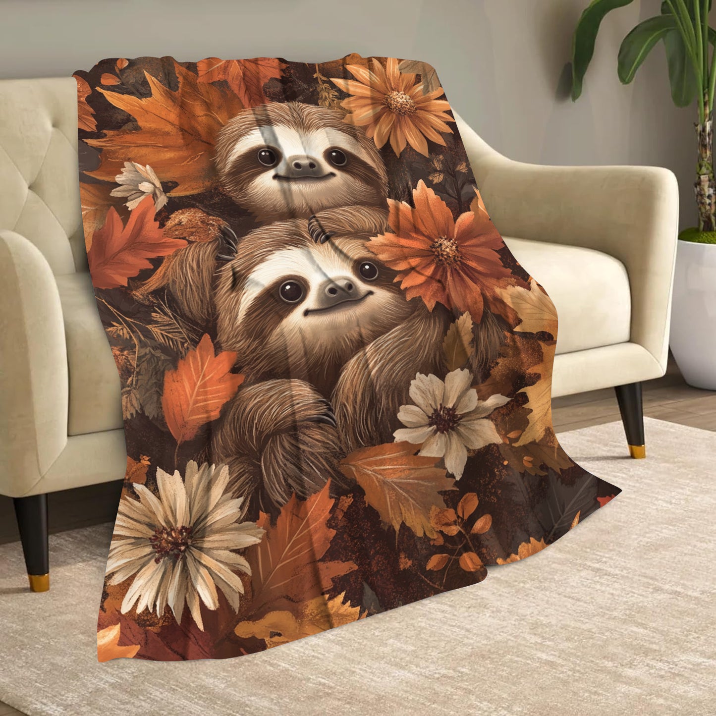 Sloth and Autumn Leaves Design Blanket