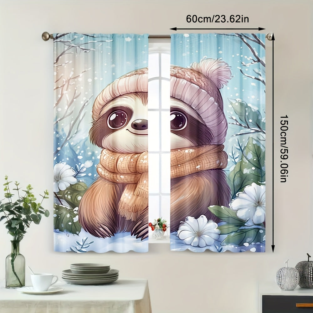 Adorable Cartoon Sloth Dressed in a Hat And Scarf for Winter Curtains