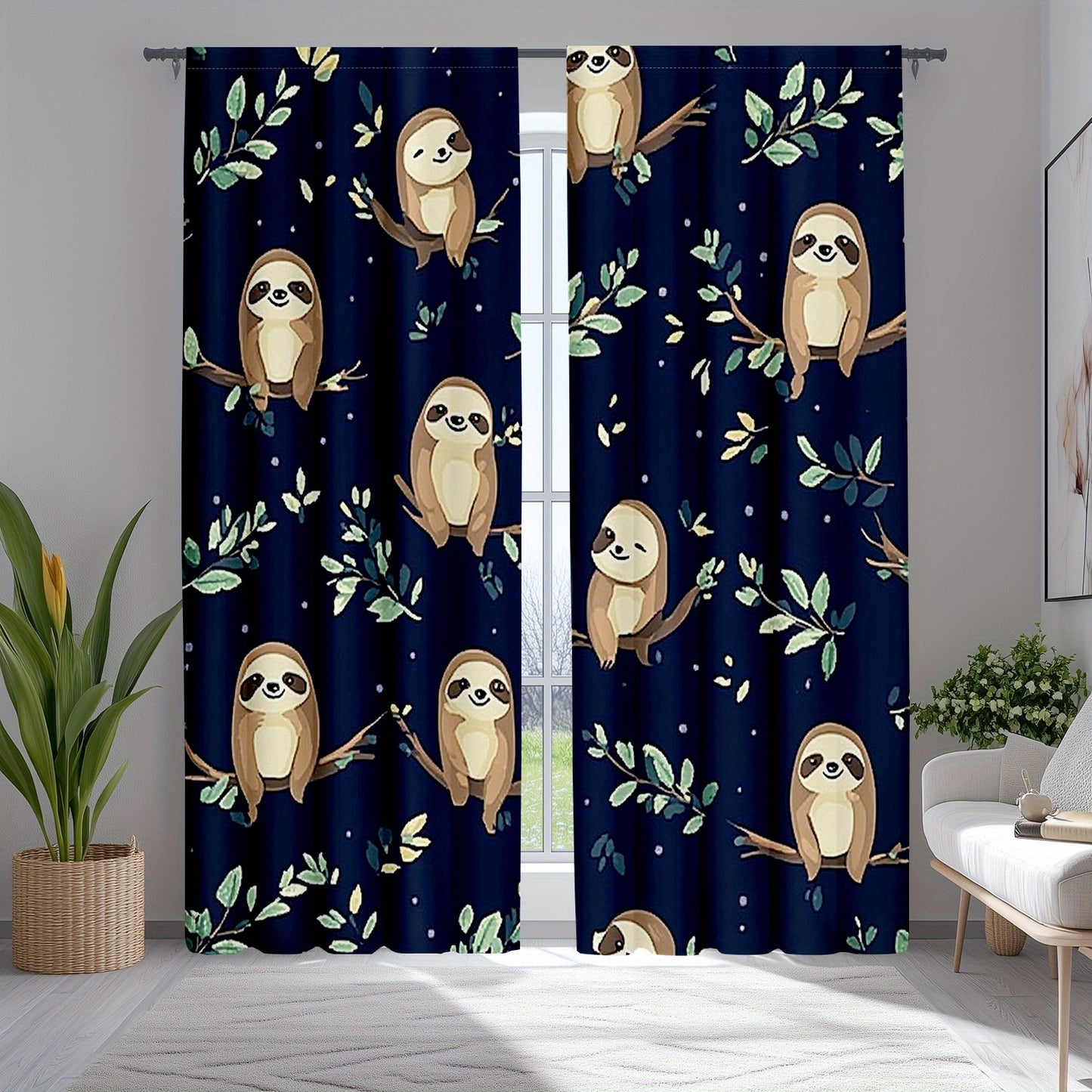 Sloth Curtains with Jungle Green Leaves and Branches