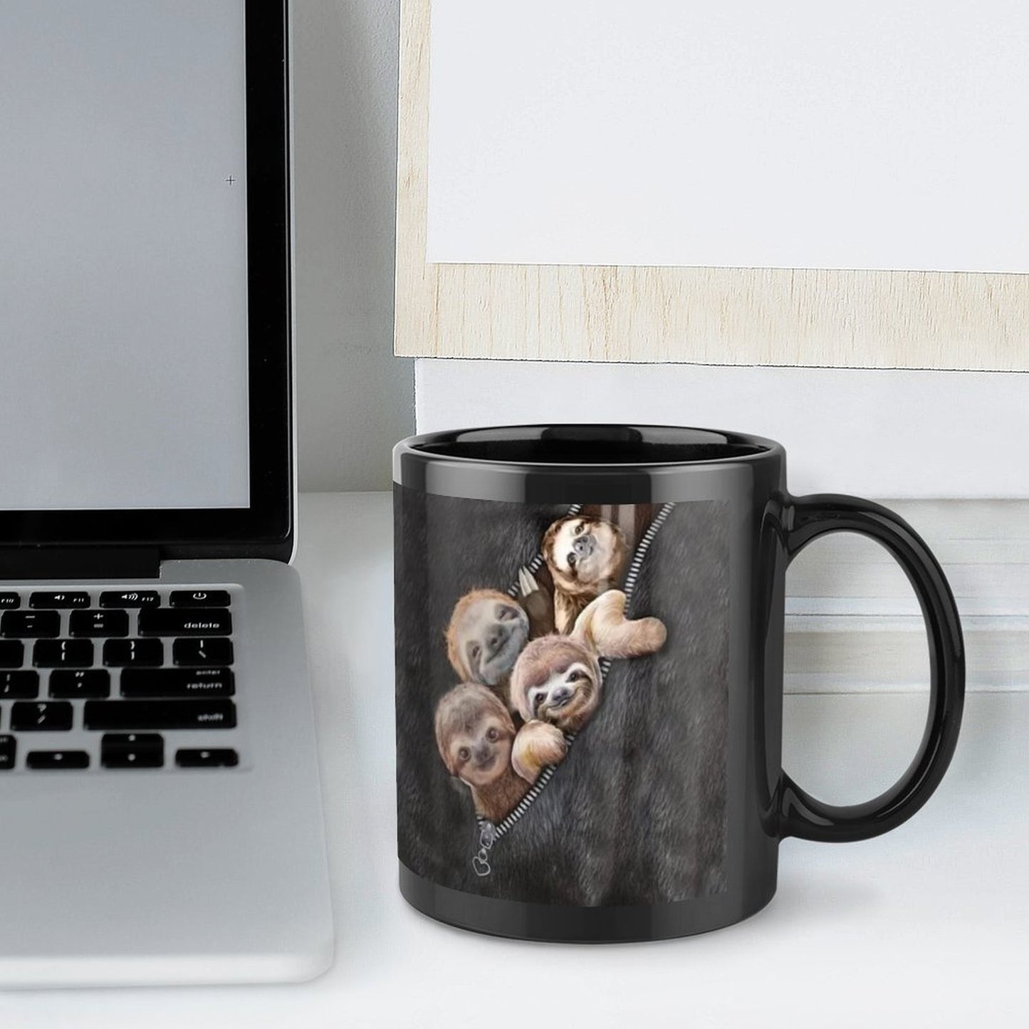 Adorable Sloth Design Black Ceramic Mug