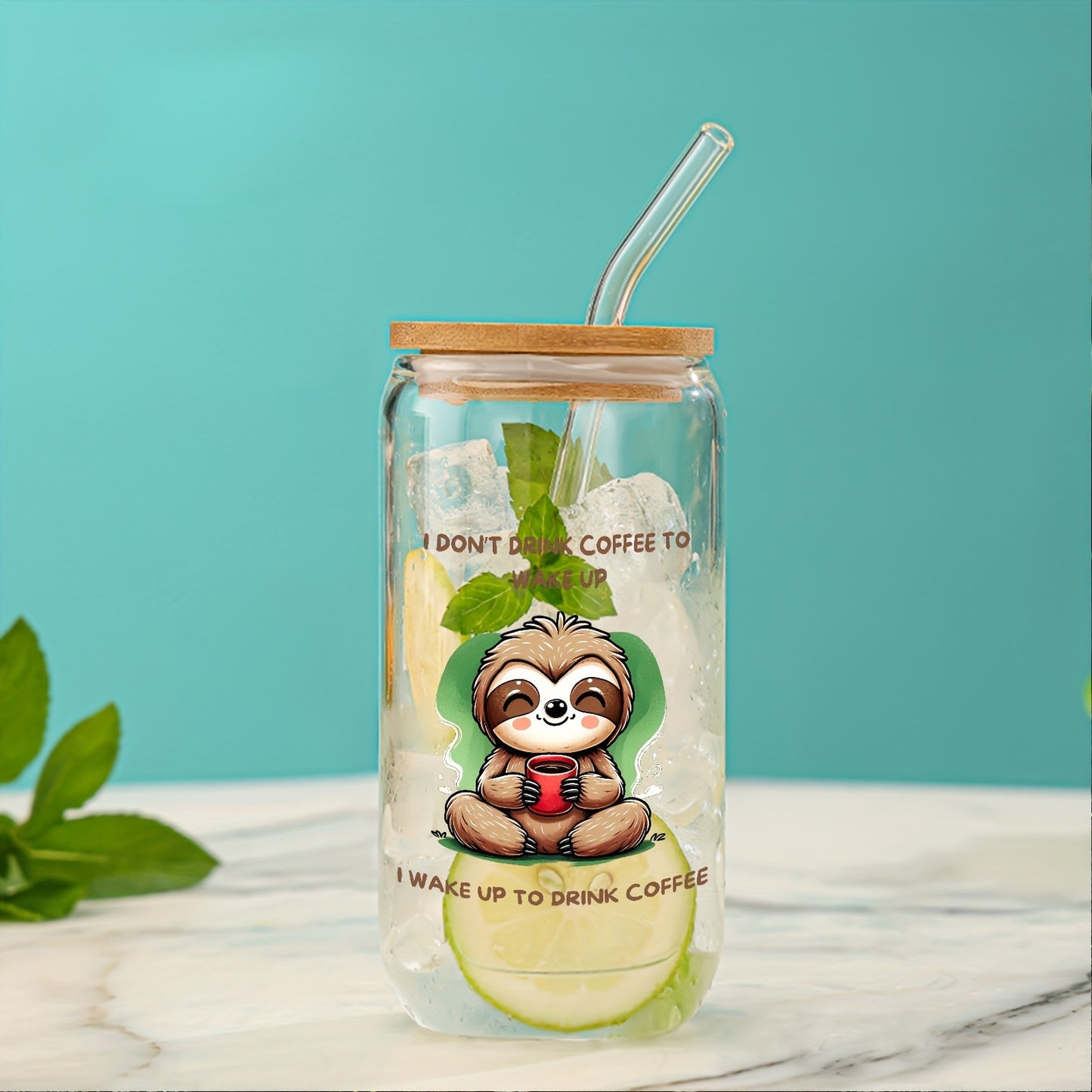 Sloth Glass Cup with Bamboo Lid & Straw