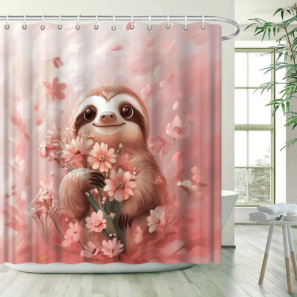 Cute Sloth Holding Flowers Shower Curtain