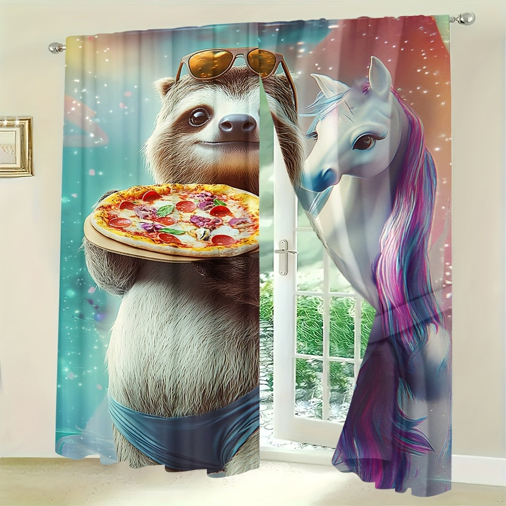 Funny Sloth Riding Horse with Pizza Curtain