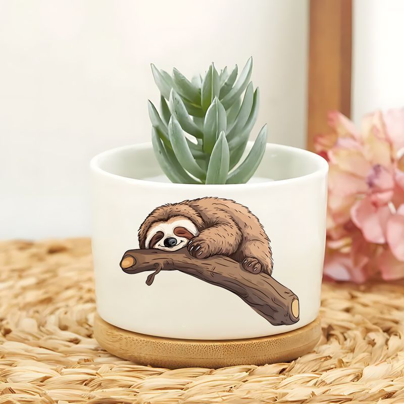 Contemporary Ceramic Sloth Planter Pot with Wooden Base