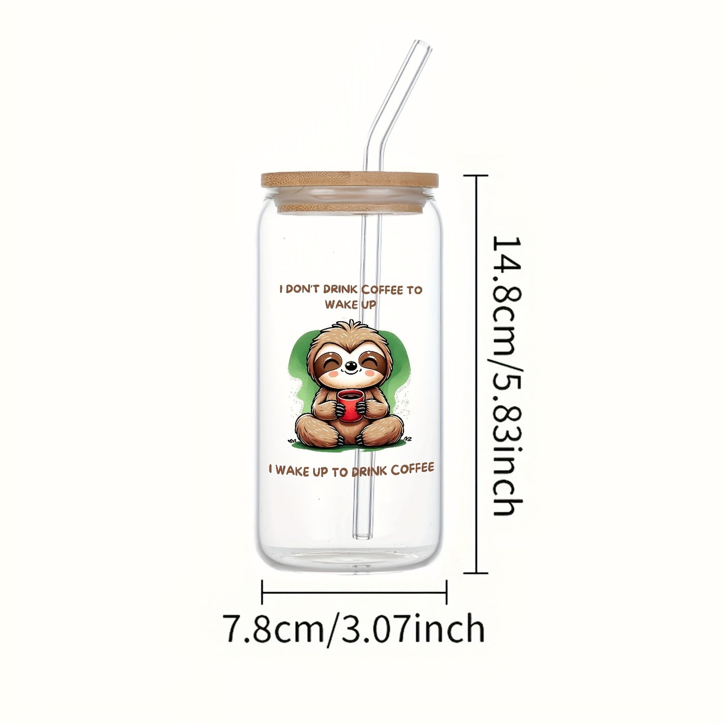 Sloth Glass Cup with Bamboo Lid & Straw