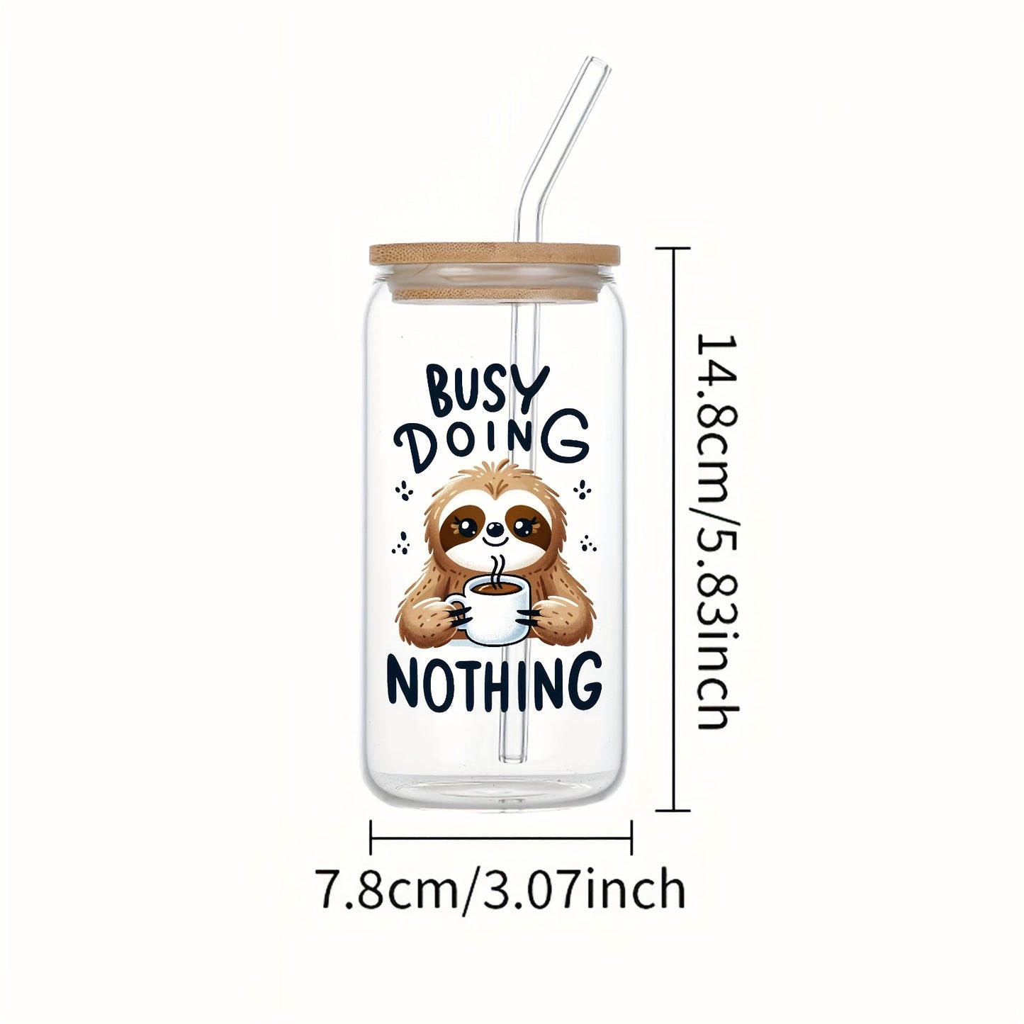 Sloth Glass Cup with Bamboo Lid & Straw