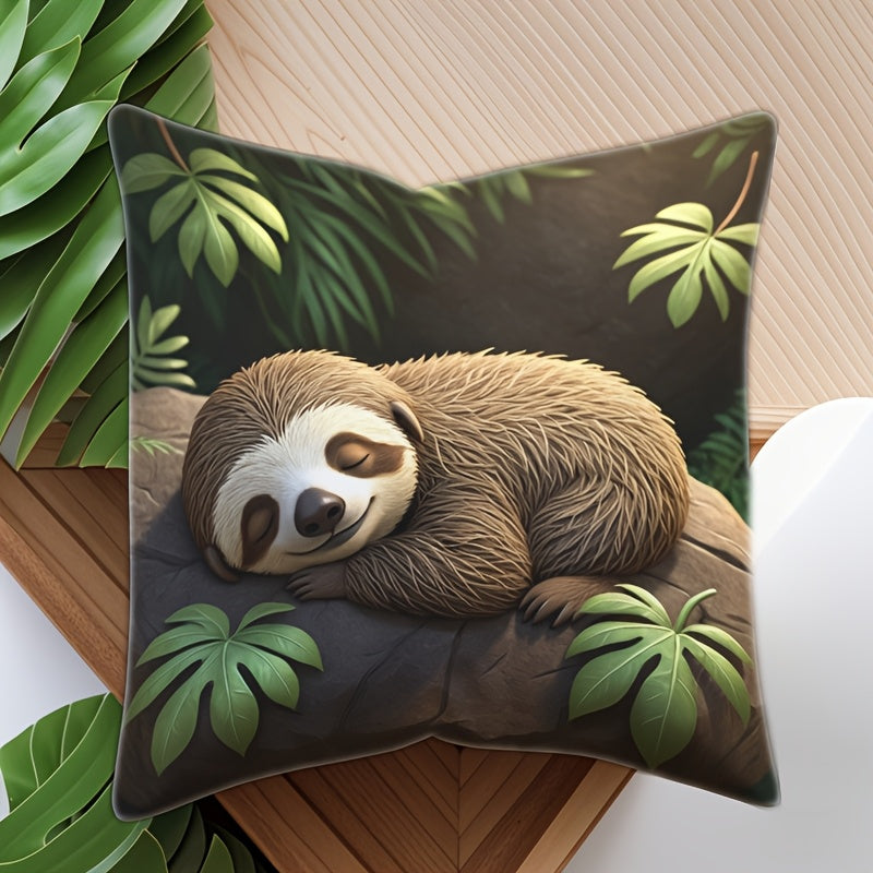 Sleeping Sloth on Rock with Leaves Cushion Cover