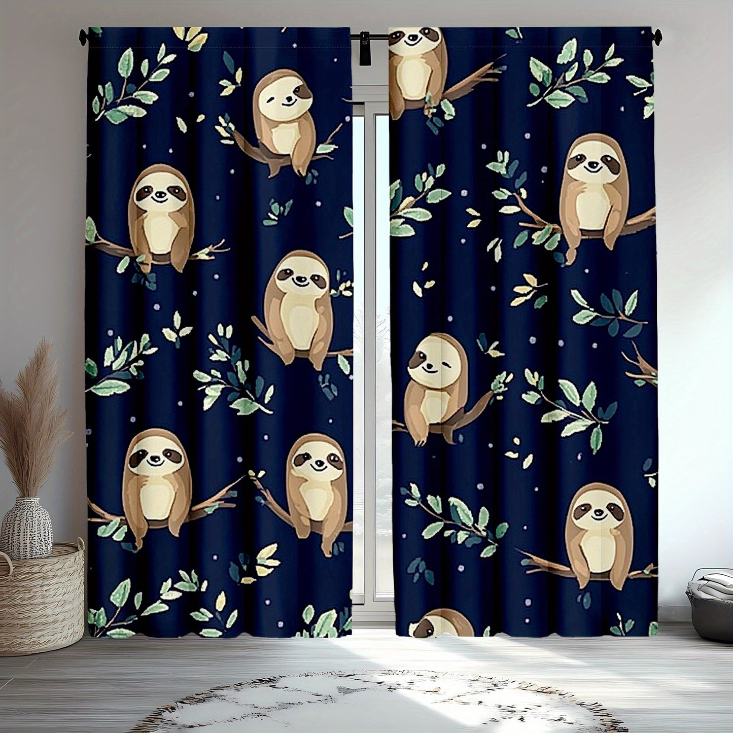 Sloth Curtains with Jungle Green Leaves and Branches