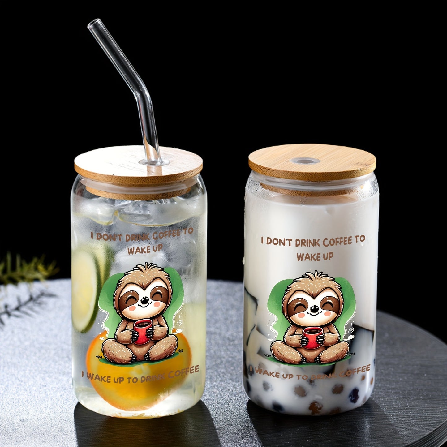 Sloth Glass Cup with Bamboo Lid & Straw