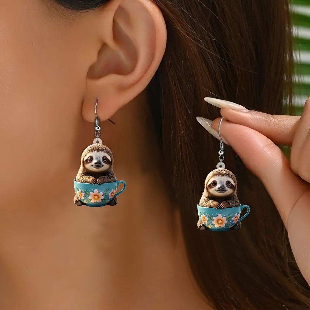 Cute Sloth in Floral Cup Earrings