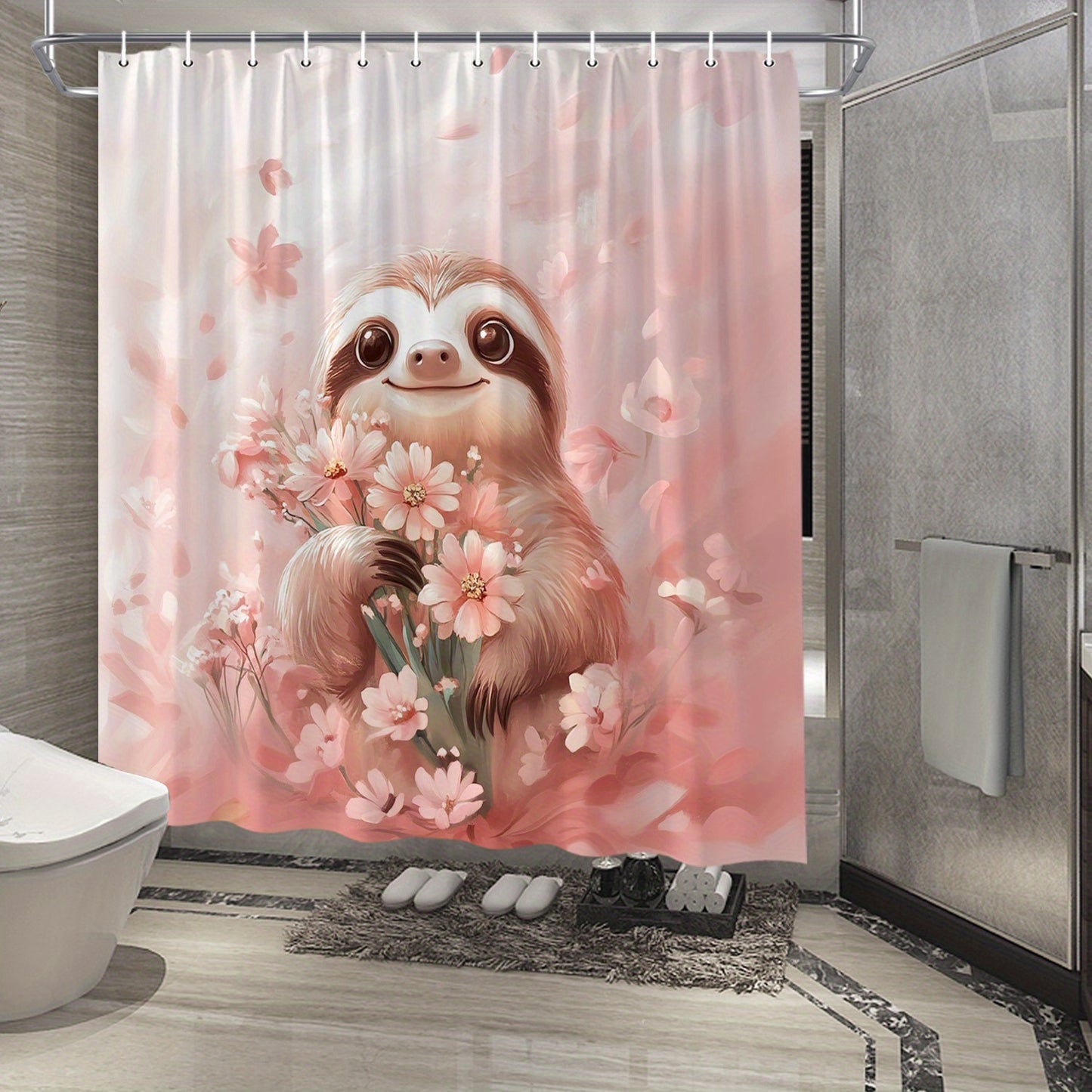 Cute Sloth Holding Flowers Shower Curtain