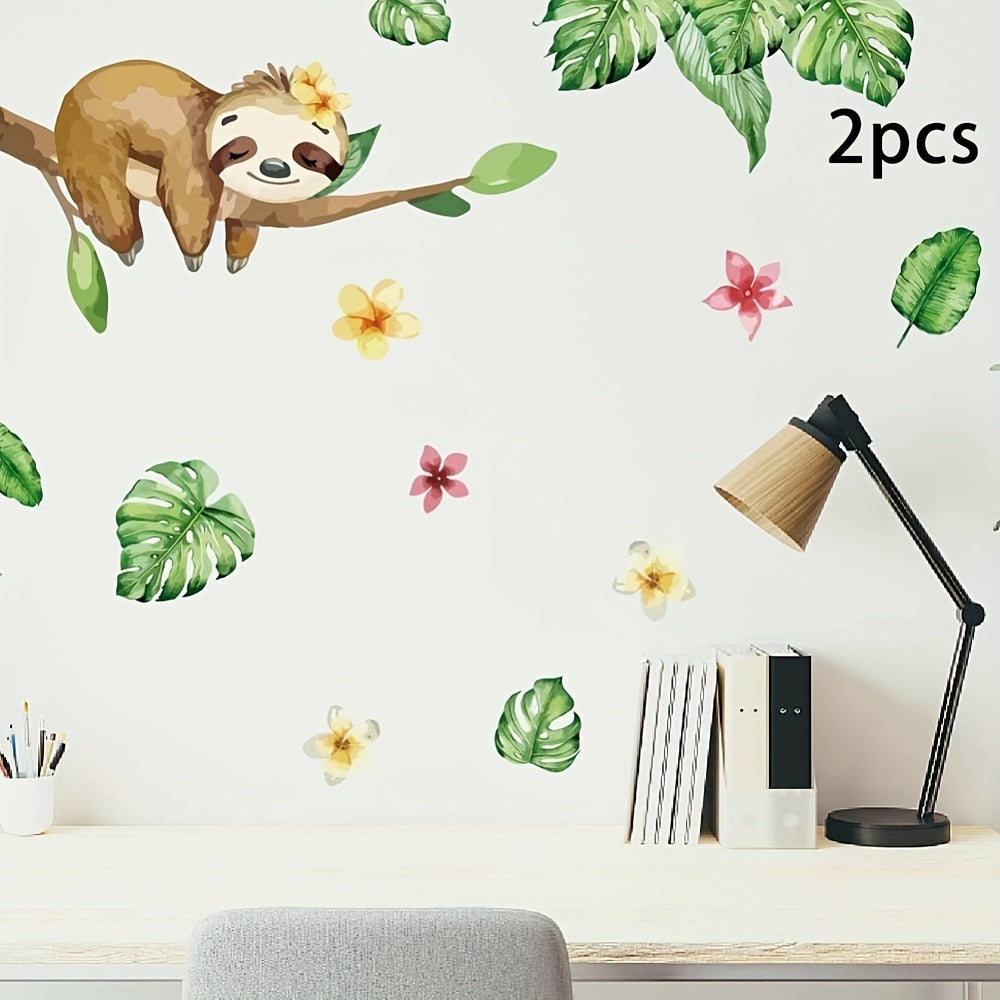 2 piece set of Tropical Sloth & Floral Design Wall Stickers