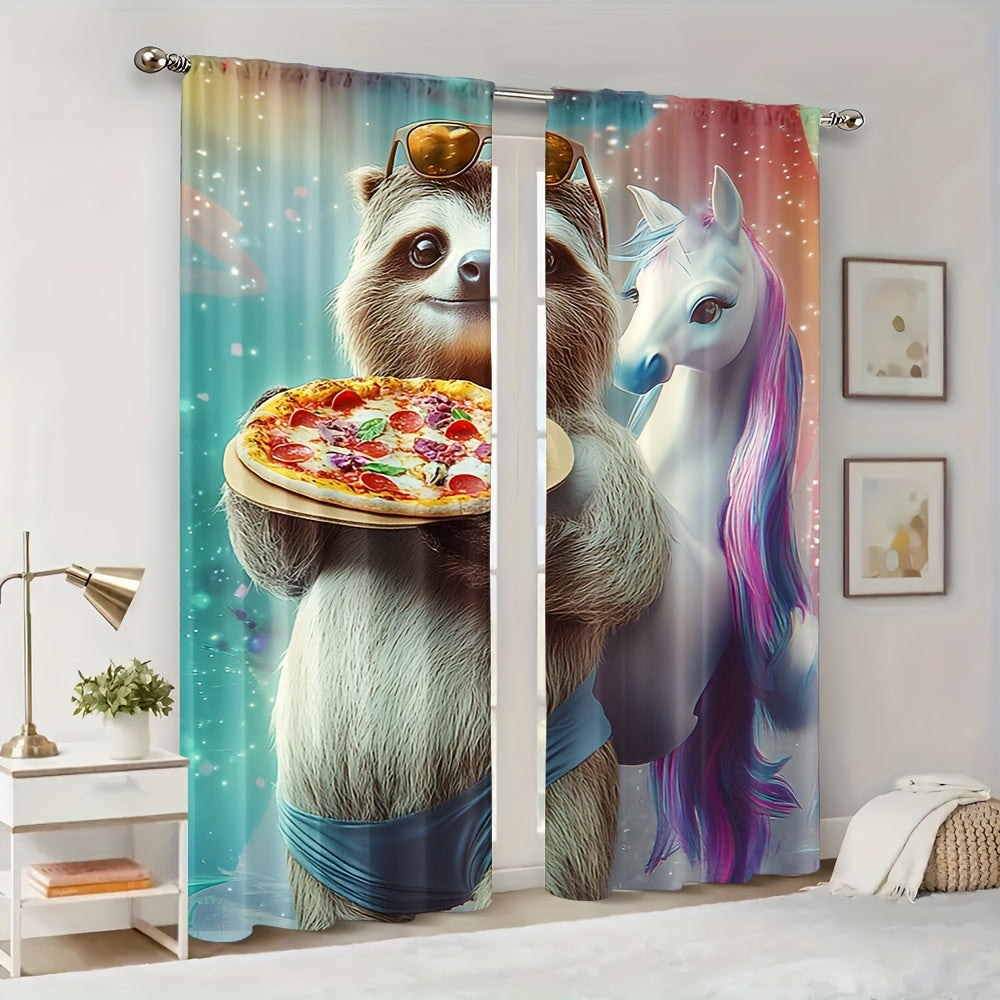 Funny Sloth Riding Horse with Pizza Curtain