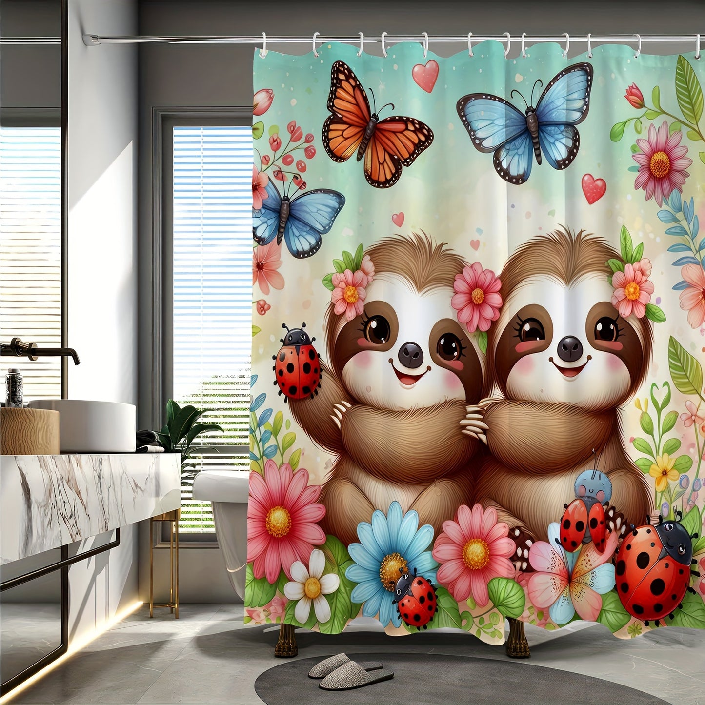 Charming Sloth & Butterfly Cartoon Shower Curtain