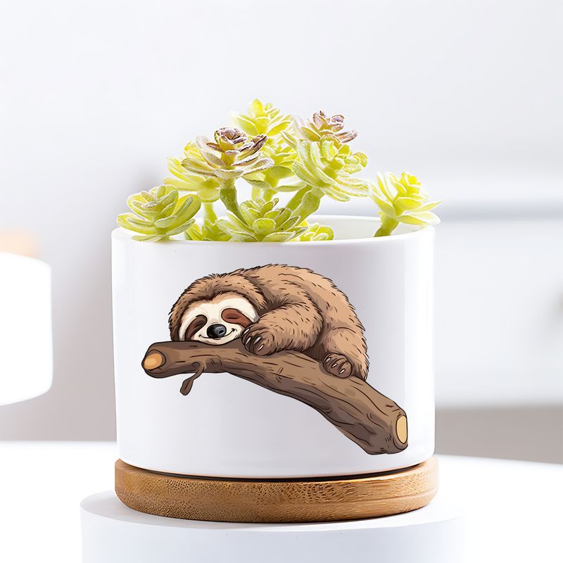 Contemporary Ceramic Sloth Planter Pot with Wooden Base