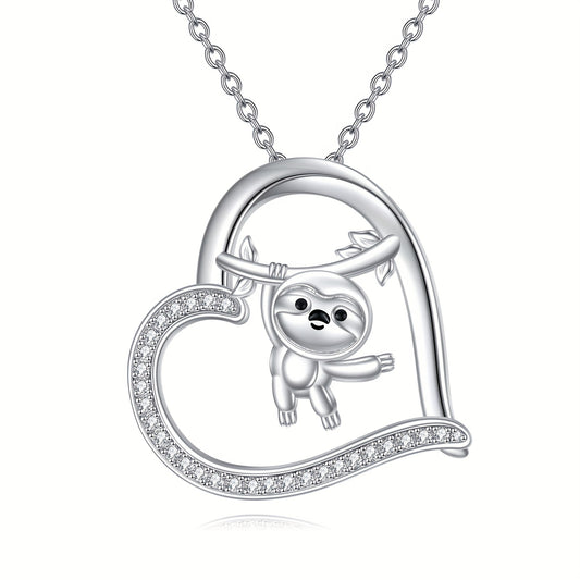 Sterling Silver Hanging Sloth Heart Necklace
