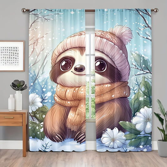 Adorable Cartoon Sloth Dressed in a Hat And Scarf for Winter Curtains