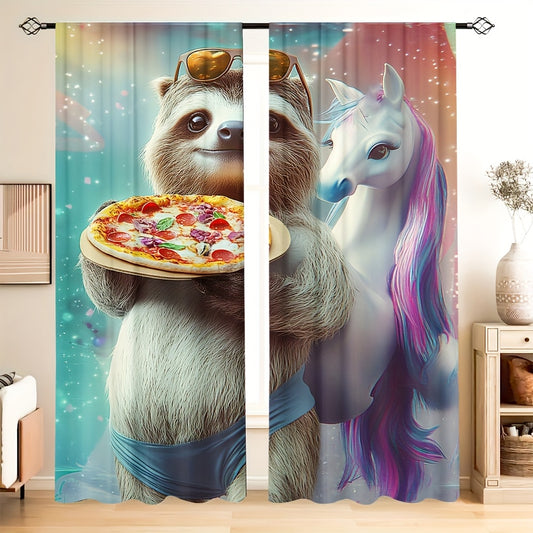 Funny Sloth Riding Horse with Pizza Curtain