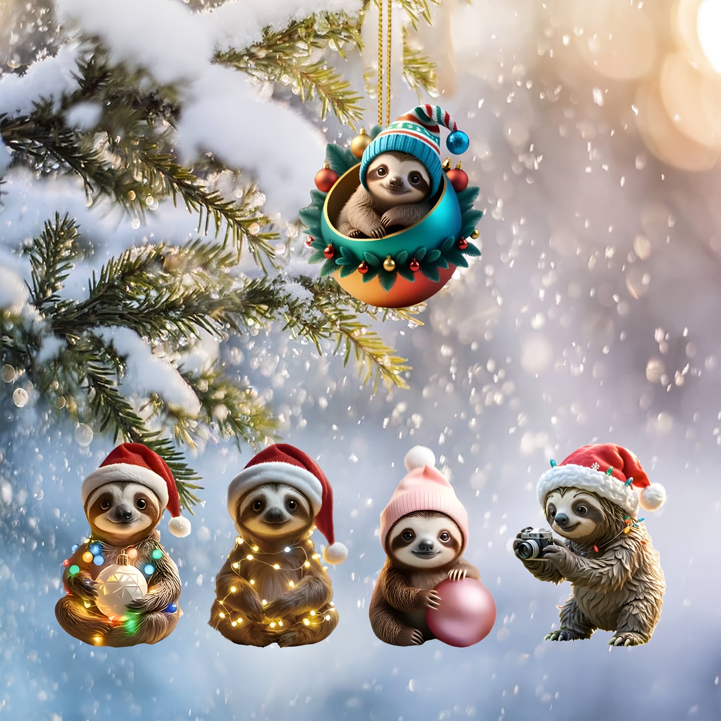 5 piece Set Sloth Themed Christmas Ornaments