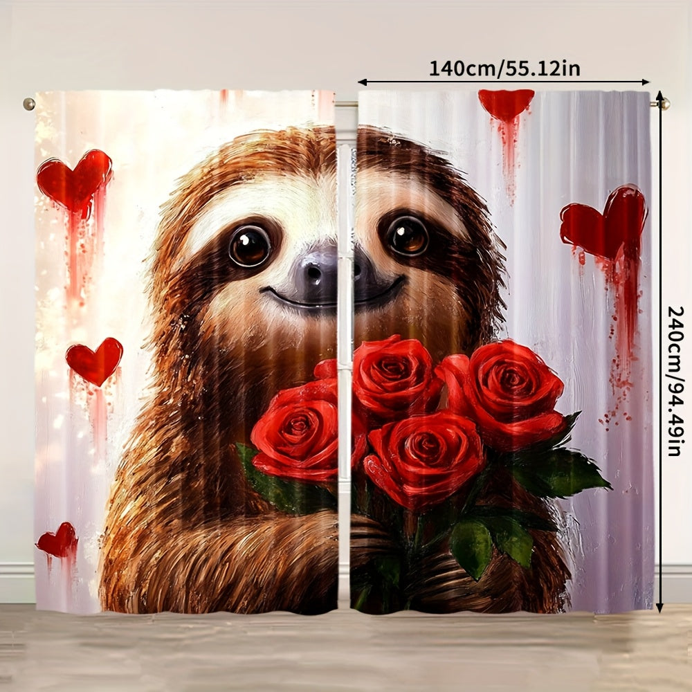 Cute Sloth & Red Roses Curtains