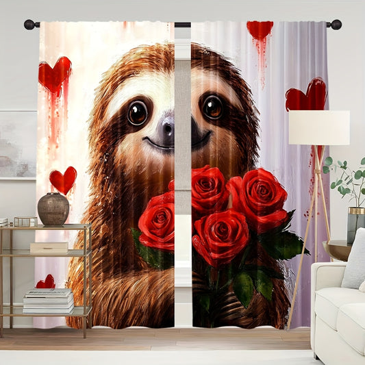 Cute Sloth & Red Roses Curtains