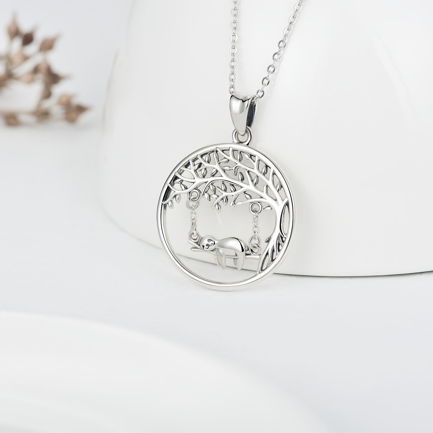 Sterling Silver Tree of Life Pendant with Sloth Hanging Necklace