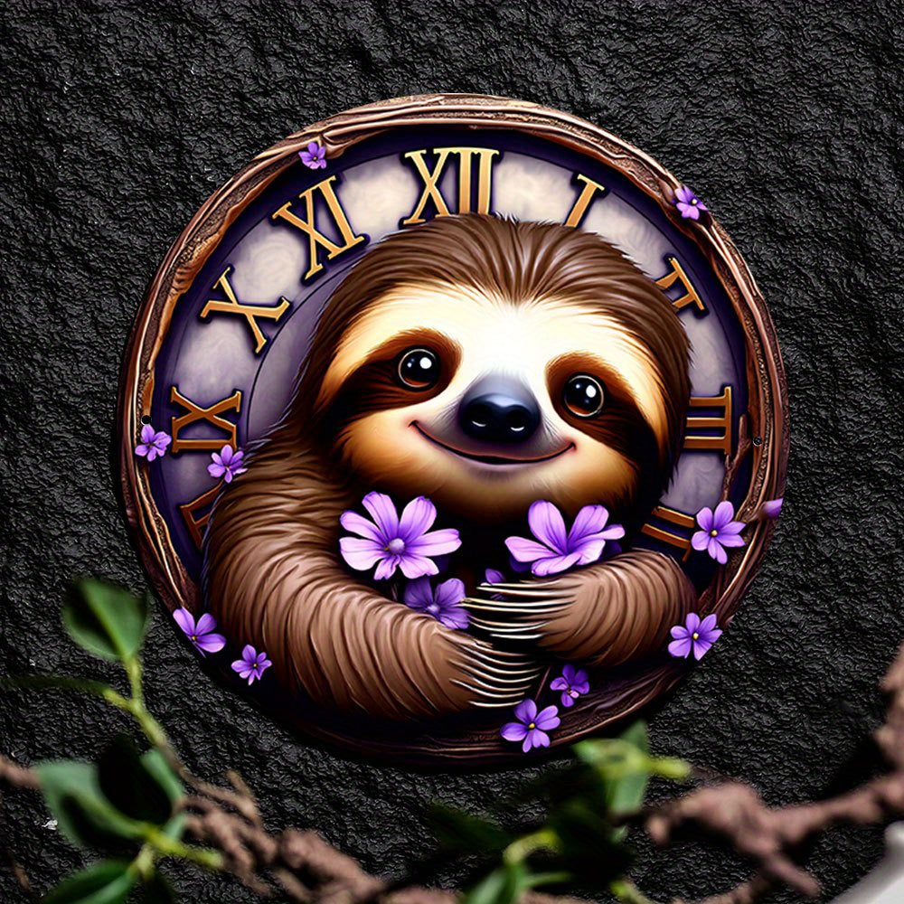 Sloth and Purple Flowers Wall Clock