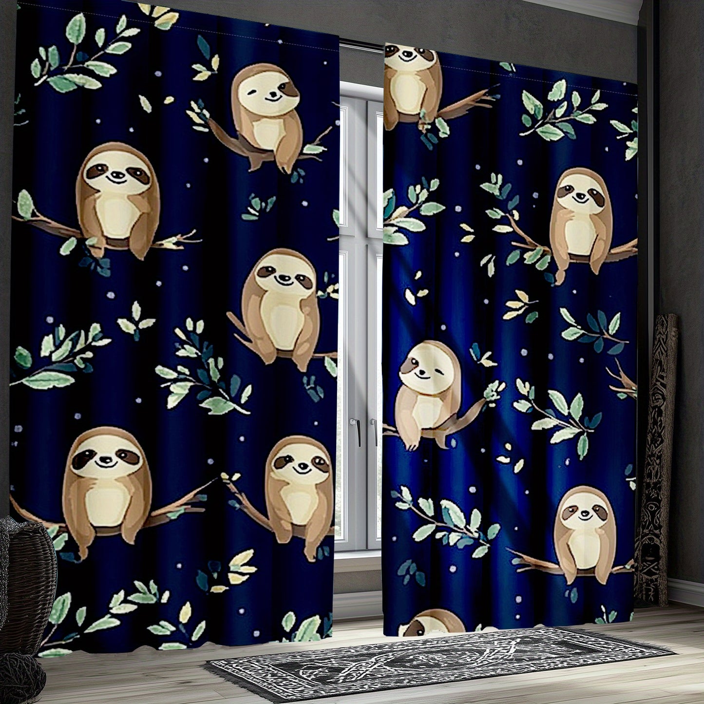 Sloth Curtains with Jungle Green Leaves and Branches