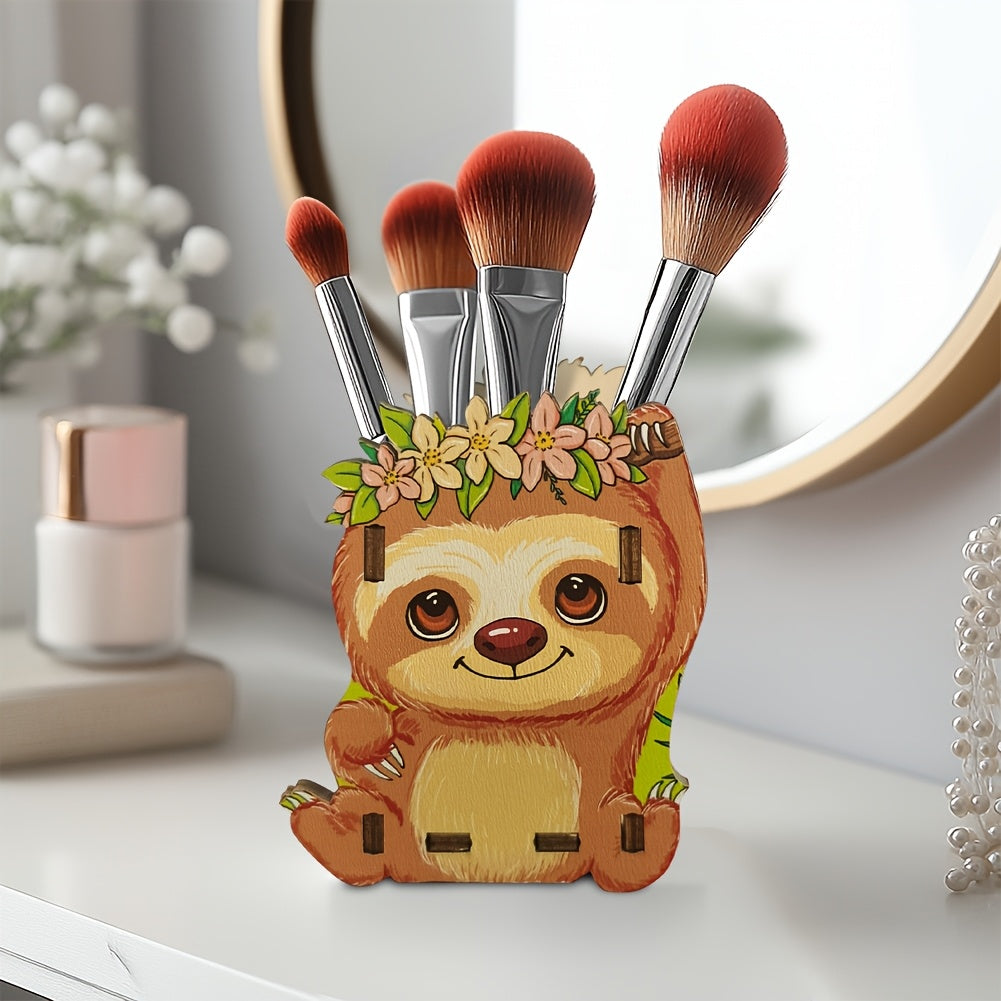 Wooden Sloth Pen Holder with Floral Crown