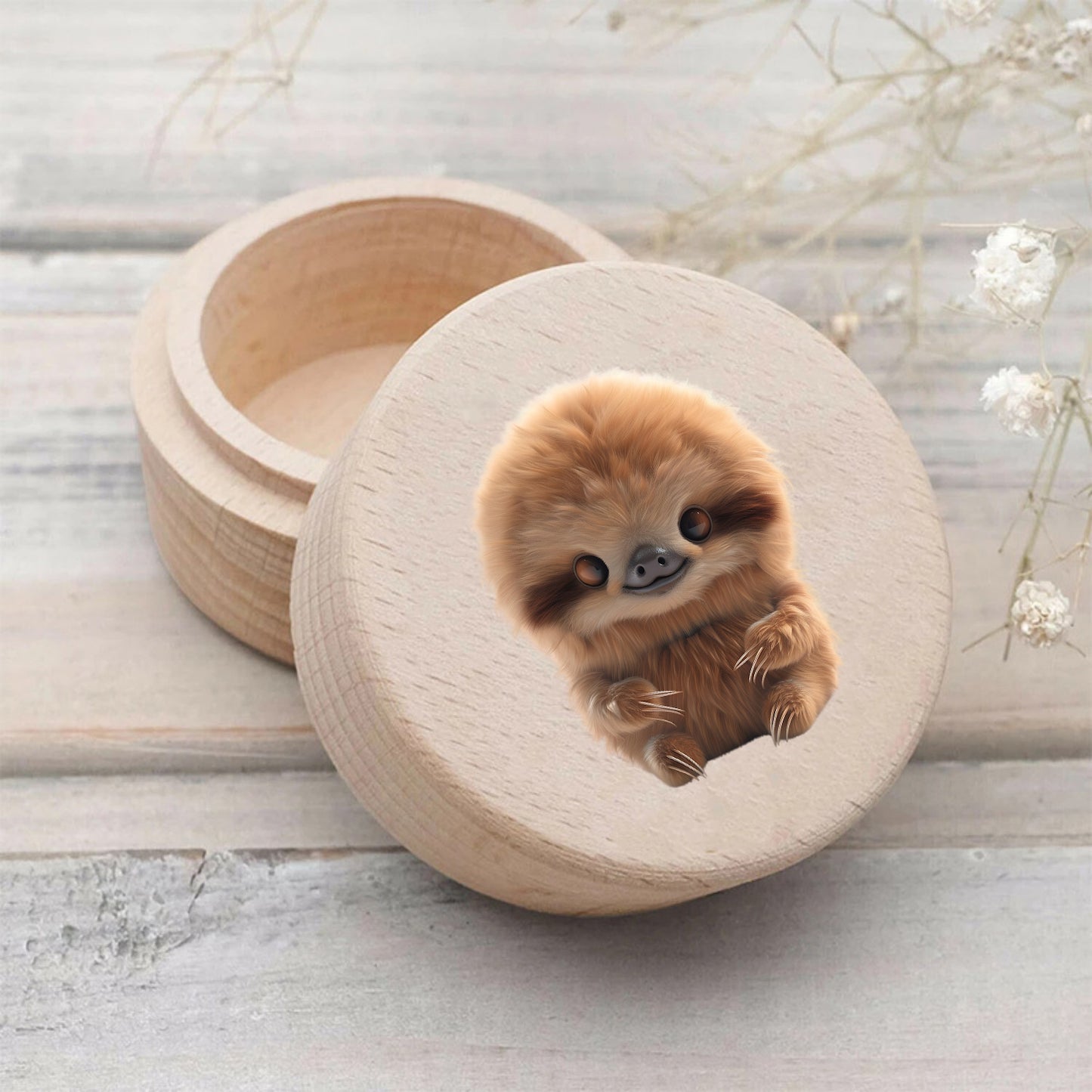 Sloth Wooden Round Storage Box