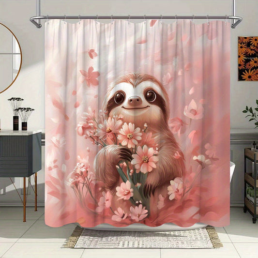 Cute Sloth Holding Flowers Shower Curtain