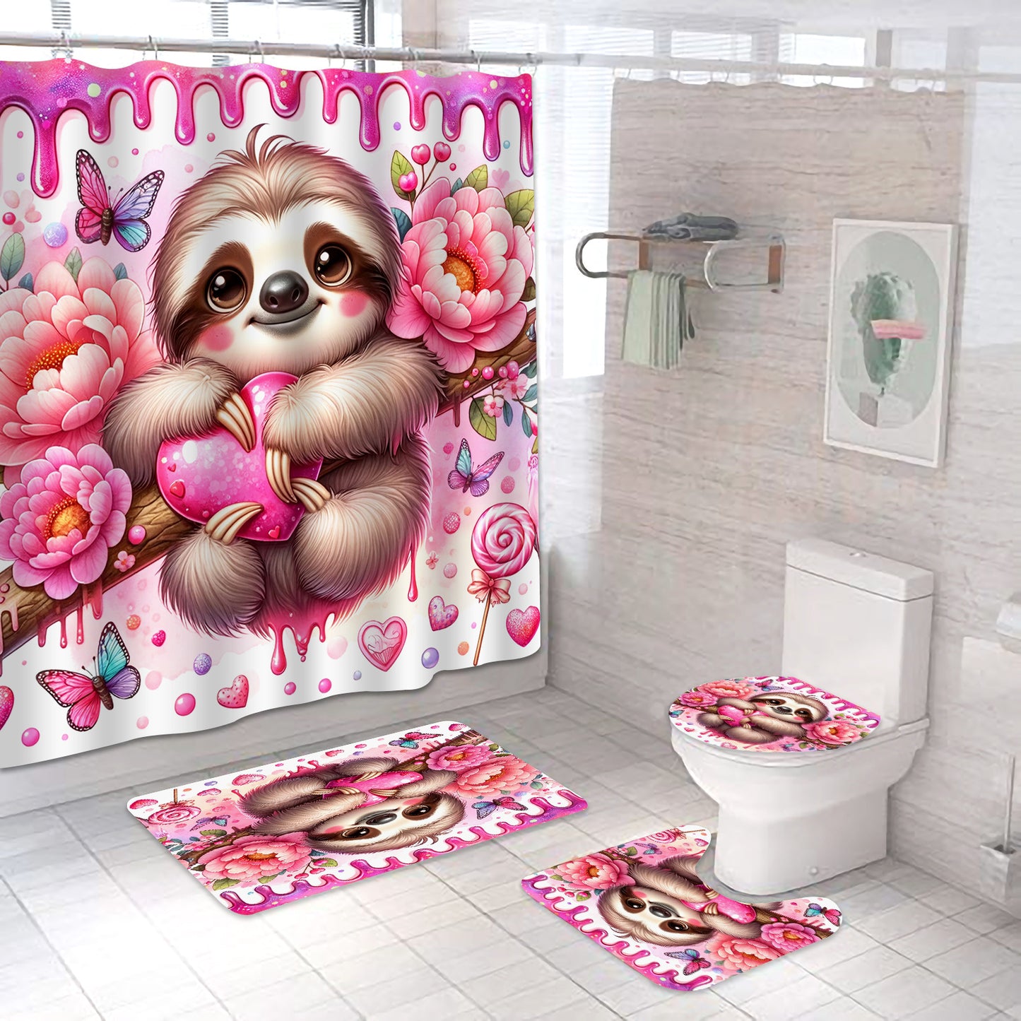 Pink Love Theme Sloth Shower Curtain and Bathroom Set