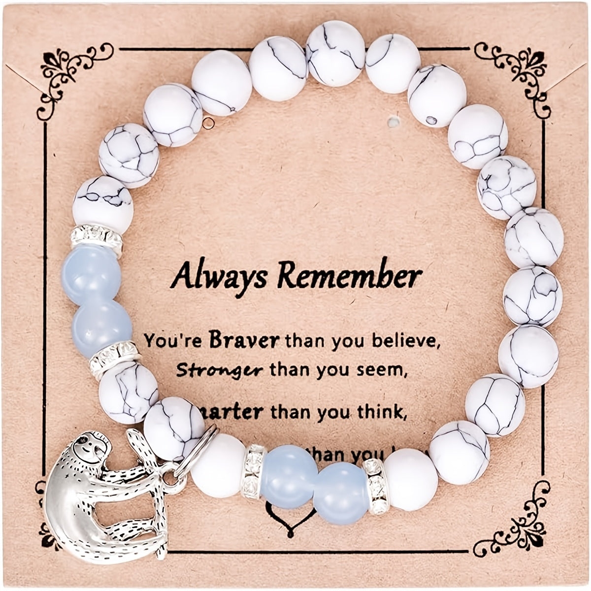 Inspirational Quote Stone Bracelet with Cute Sloth Charm