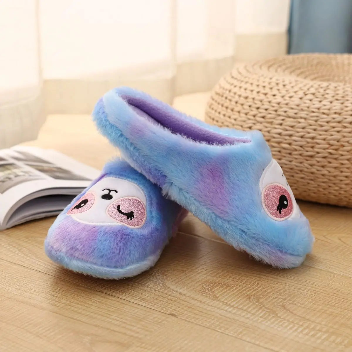 Colorful Purple Embroidered Sloth Slippers