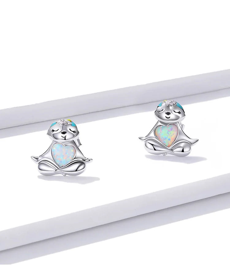 Sterling Silver Sloth With Opal Heart Stud Earrings