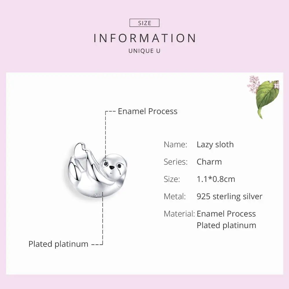 925 Sterling Silver Sloth Heart Bead Charm