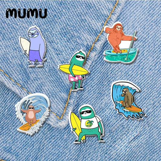 Sloth Surfing Acrylic Badges