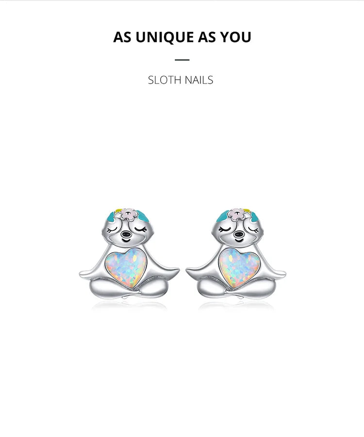 Sterling Silver Sloth With Opal Heart Stud Earrings