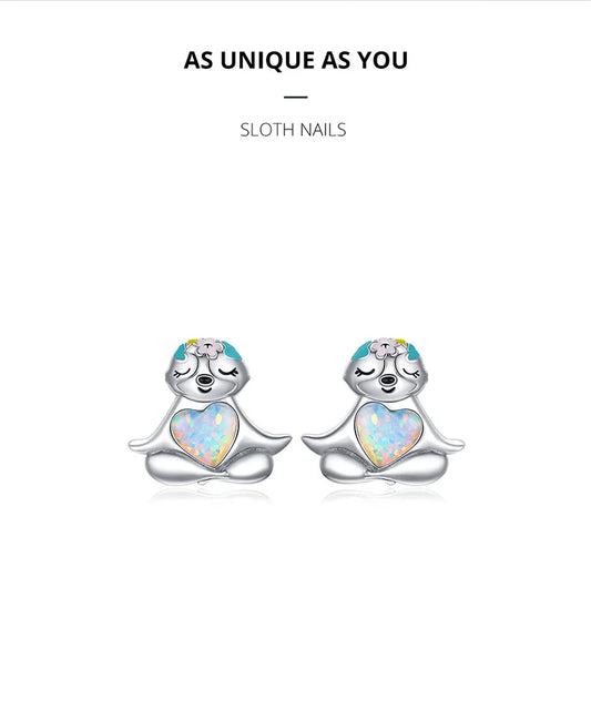 Sterling Silver Sloth With Opal Heart Stud Earrings