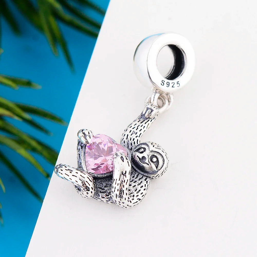 Sterling Silver Sloth Hugging a Pink Heart Dangling Charm