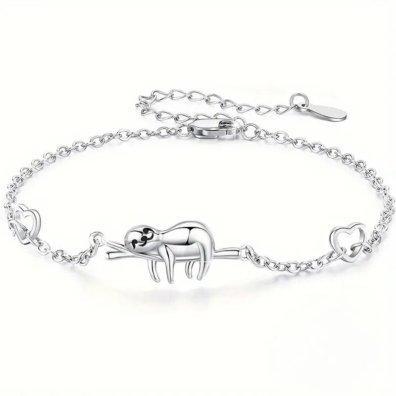 Sterling Silver Sloth On A Branch with Hearts Bracelet