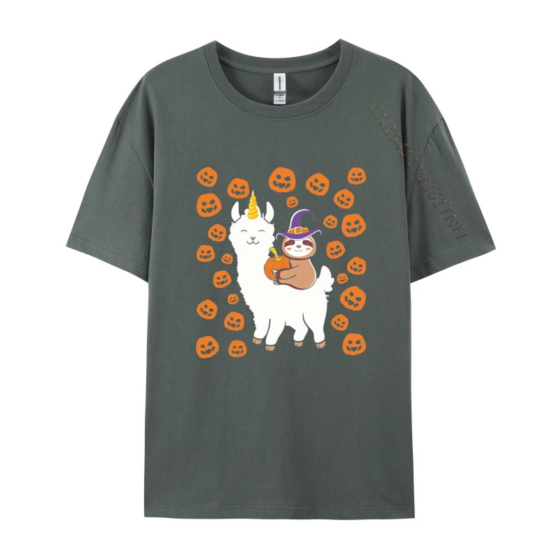 Sloth Wizard Riding Llama with Pumpkins T-shirt