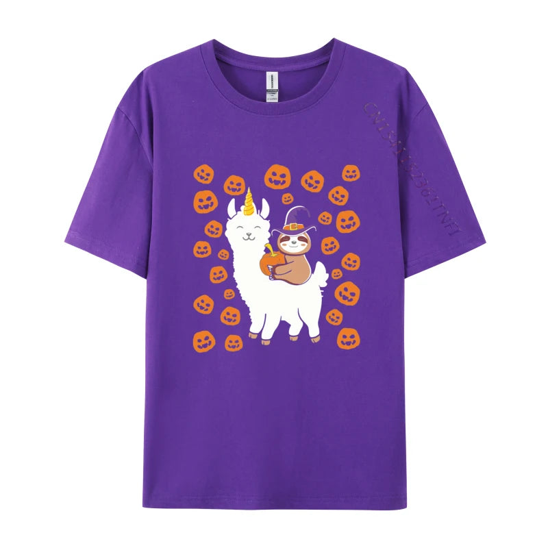 Sloth Wizard Riding Llama with Pumpkins T-shirt